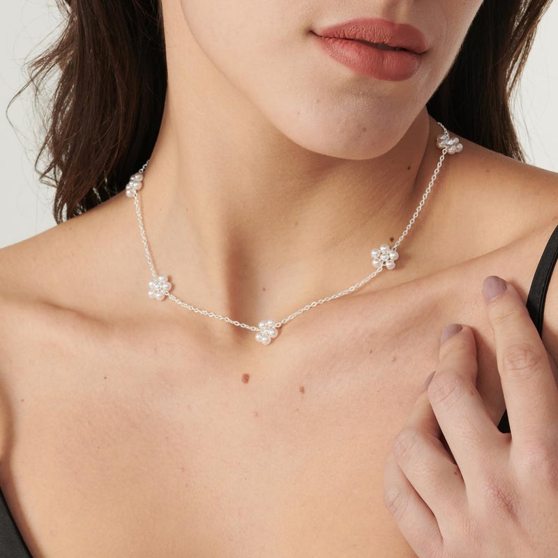 PRTGL Store Pearl Necklace: 14K Gold-Plated/White Gold-plated Pearl Necklace for Women 16.5” + 2” - Image 2